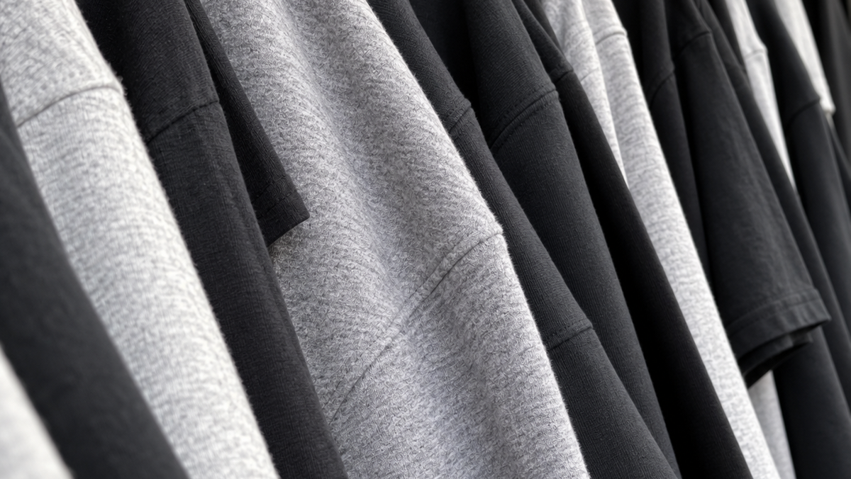 A close-up row of crewneck sweatshirts in black and light gray hanging on a rack, showing the soft heathered fabric texture.
